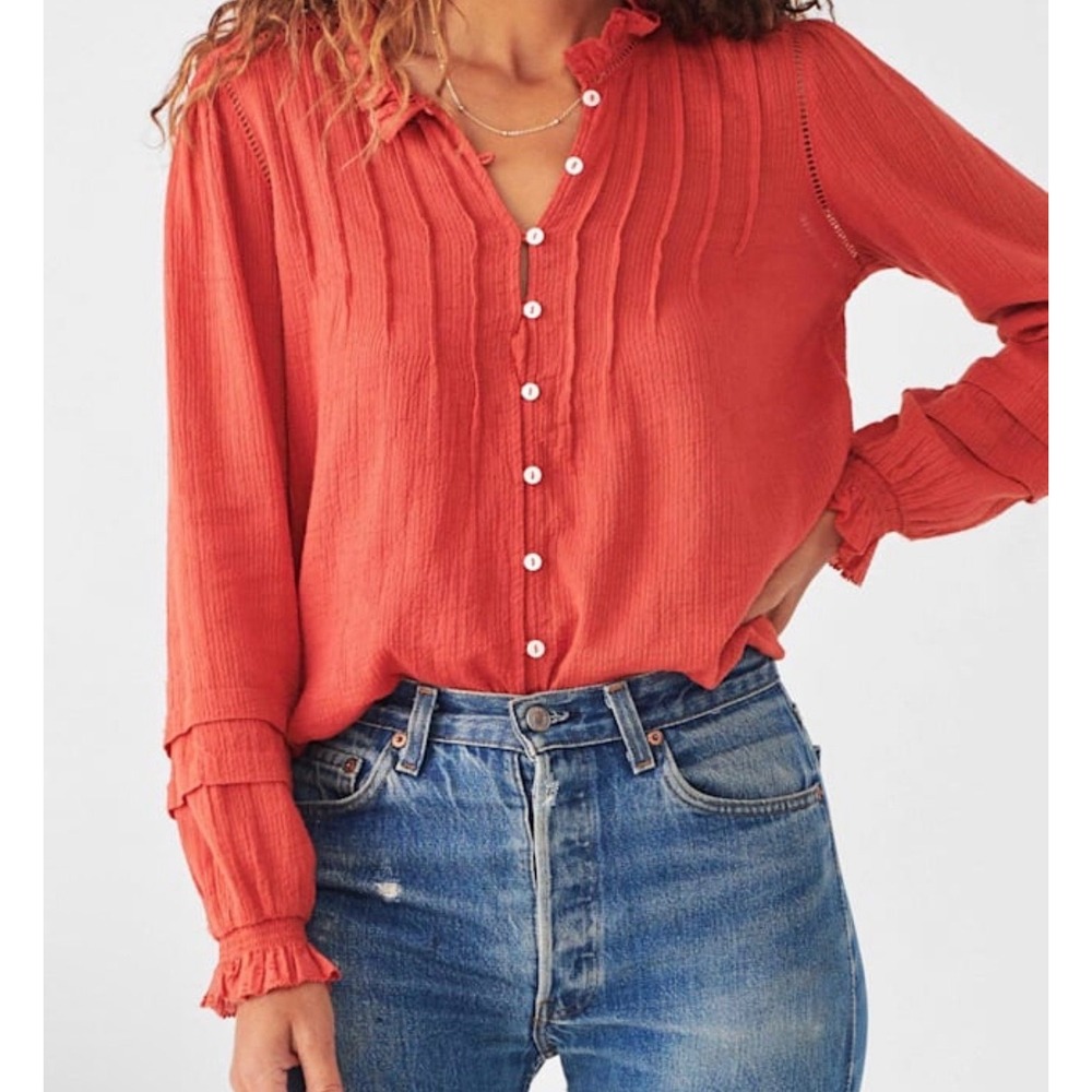 Faherty Willa Blouse Carmine Orange Red Sz L Organic Cotton Pintuck Autumn Boho